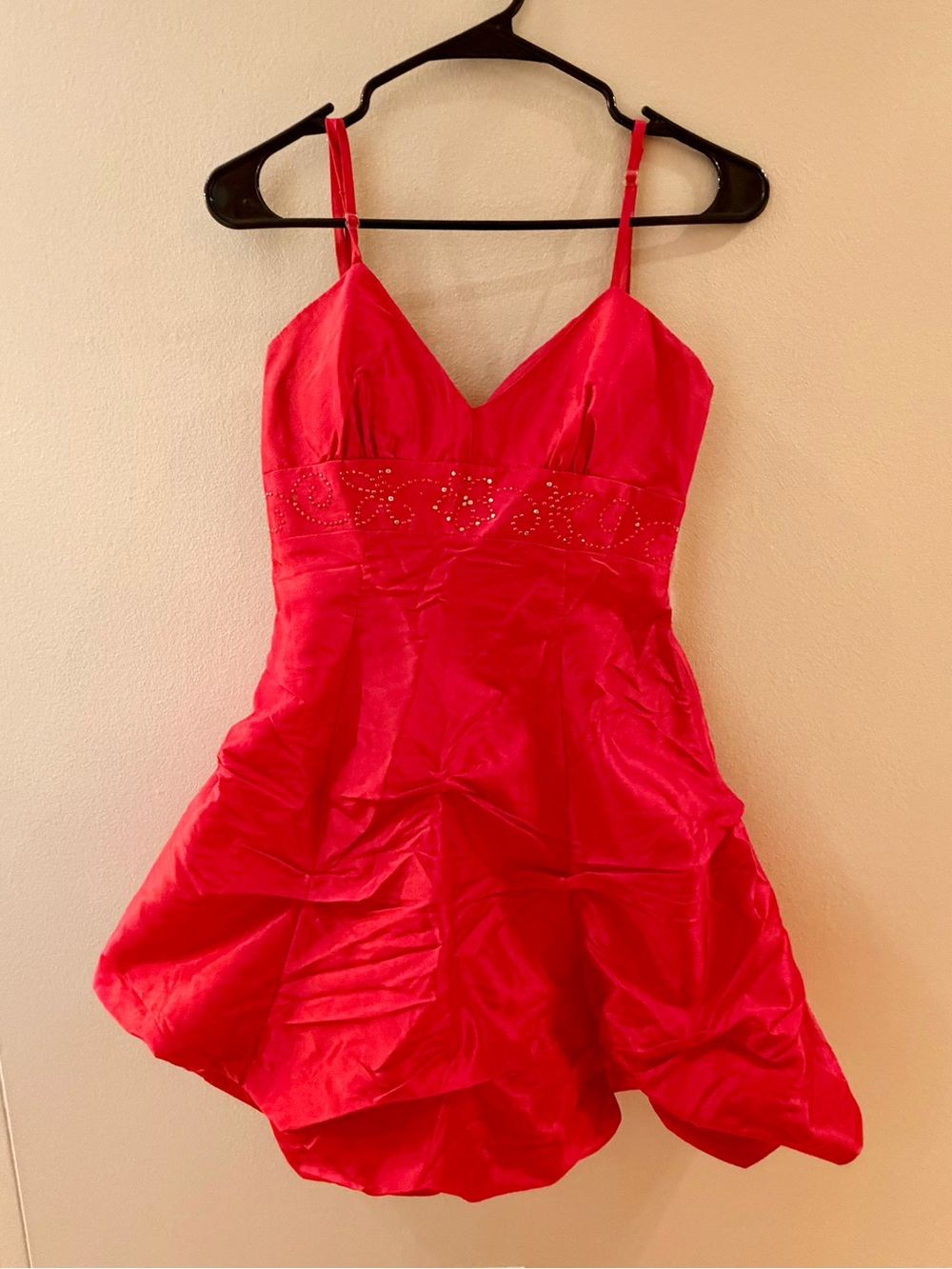 Red Spaghetti-Strap Mini Dress with Embellished Waist